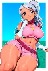 ai_generated bakugan bakugan_battle_brawlers belt blue_eyes fingerless_gloves gloves hairclip headphones julie_makimoto large_breasts navel pink_shirt pink_shorts shiny_skin shorts sweat tan_body thick_thighs voluptuous voluptuous_female white_hair yoaebi