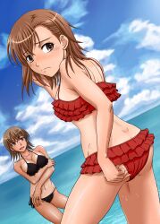 10s 2011 2girls adjusting_clothes adjusting_swimsuit adult adult_and_teenager age_difference ass ass_cleavage bare_shoulders bikini breasts brown_eyes brown_hair butt_crack cleavage cloud collarbone day feet_in_water female female_only frilled_bikini hi_res inanaki_shiki large_breasts matching_hair/eyes mature mature_female milf misaka_mikoto misaka_misuzu mother_and_child mother_and_daughter multiple_girls navel ocean older_female older_woman_and_teenage_girl outdoors short_hair shoulder_blades sky small_breasts swimsuit teenage_girl teenager to_aru_kagaku_no_railgun to_aru_majutsu_no_index water wet young younger_female