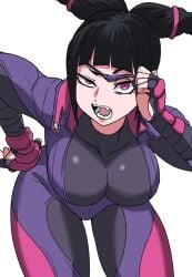 bent_over black_hair breasts female fingerless_gloves gloves hand_on_own_hip highres holding_eyepatch ilo_a5 jumpsuit juri_han looking_at_viewer purple_eyes purple_jumpsuit raised_eyebrow street_fighter street_fighter_v