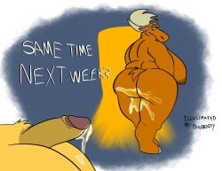 after_sex anthro ass becky_(johnny_bravo) becky_the_moose_(johnny_bravo) big_breasts big_butt bodily_fluids breasts cartoon_network cover cover_art cover_page cum cum_on_butt cum_on_leg cum_strand deer duo female genital_fluids hi_res huge_breasts huge_butt johnny_bravo johnny_bravo_(series) leaking_cum looking_back male male/female mammal moose muscular muscular_male new_world_deer overweight overweight_female possbooty walking_away