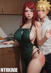 1boy 1girls ai_generated apron_only ass_slap big_ass big_breasts big_penis blonde_hair blue_eyes blush boruto:_naruto_next_generations busty caught gilf grandmother grandmother_and_grandson grandson hi_res high_resolution highres incest indoors kitchen long_hair looking_at_viewer mother motion_lines naruto naruto_(series) naruto_shippuden ntrkage red_hair side-tie_panties slap_mark straight thick_thighs thighs time_paradox time_travel uzumaki_boruto uzumaki_kushina yellow_hair