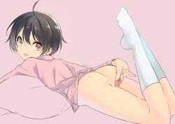 1boy after_sex artist_request ass black_hair bottomless brown_eyes condom cum femboy kobayashi_yoshio looking_at_viewer lying on_stomach open_mouth ranpo_kitan shiny shiny_skin short_hair smile socks solo used_condom yaoi