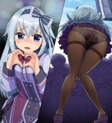 bent_over black_pantyhose blue_bow blue_eyes blue_hair female hamidashi_creative knees_together_feet_apart open_mouth panties_under_pantyhose panty_poop panty_pooping pantyhose scat soiling standing tagme tagme_(character) upskirt