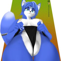 1animal 1anthro anthro big_breasts blue_fur dmoonart female furry_female krystal_(star_fox) panties partially_clothed pussy_peek star_fox