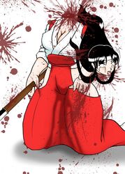 black_hair blood breasts cleavage death decapitation female female_death guro hakama haruta_hiko headband large_breasts long_hair miko severed_head spear weapon