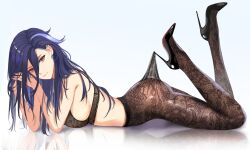 ass bare_shoulders black_bra black_shoes blue_background blue_hair bra clorinde_(genshin_impact) commentary earrings female genshin_impact high_heels highres jewelry kyes lace_pantyhose_hooked_on_heel_(meme) long_hair looking_at_viewer lying messy_hair no_headwear on_stomach pantyhose purple_eyes reflection shoes smile solo thighs underwear