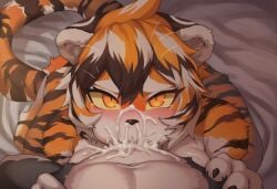 1boy 1girls aak_(arknights) ai_generated anthro anthro_on_anthro anthro_penetrated anthro_penetrating anthro_penetrating_anthro arknights balls balls_deep balls_deep_fellatio bed bedroom big_breasts black_fur black_stripes blowjob breasts cheek_bulge cum cum_facial cum_from_nose cum_in_mouth cum_inside cum_on_breasts cum_on_face deep_penetration deepthroat excessive_cum feline fellatio female furry irrumatio kneeling kneeling_oral_position kneeling_position male male_pov naked naked_female naked_male novelai nude nude_female nude_male oral oral_penetration oral_sex orange_fur penis pov pov_blowjob pov_eye_contact self_upload short_hair tiger tiger_girl waai_fu_(arknights)