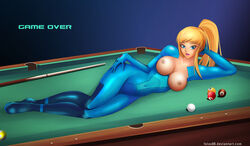 areola artist_name billiards blonde_hair blue_eyes breasts cue_stick deviantart exposed_breasts felox08 female female_only human lips looking_at_viewer metroid navel nintendo nipples open_clothes open_shirt ponytail pool_table samus_aran shirt solo tied_hair web_address zero_suit zero_suit_samus