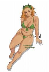 bikini blonde_female blonde_hair breasts commission devil_horns devil_tail dorohedoro feet female green_bikini ksooupart large_breasts nikaidou_(dorohedoro) red_eyes solo solo_female thick_thighs thighs