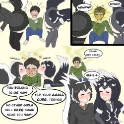 1boy 1boy2girls 2girls 2girls1boy ass ass_visible_through_thighs black_and_white_fur black_and_white_hair black_eyes black_hair black_shirt black_thighhighs blue_pants blush blush_lines blushing_female blushing_male boyfriend breasts claimed claiming closed_eyes clothed clothed_female_clothed_male comic comic_page cornered dating dialogue disgusted disgusted_look double_team double_teamed enjoying_farting fart fart_fetish fart_torture female femdom forced gagging girlfriend green_shirt green_skirt grey_thighhighs heart heart_symbol hearts_around_head in_love kemono_friends kemonomimi kissing kissing_cheek laughing light-skinned_female light-skinned_male light_skin liquid long_sleeves loving loving_gaze male malesub messy nibble nibbling nibbling_ear no_panties no_panties_under_skirt onamonapia pants patreon patreon_only_post short_hair sitting skirt skirt_lift skunk skunk_ears skunk_girl skunk_spray skunk_stripe skunk_tail skunkieloo small_breasts smaller_female smell smelly smelly_ass smile smiling smiling_at_another smiling_at_each_other smiling_at_partner socks spotted_skunk stain stained stained_clothes stains stink stink_fumes stink_lines stinky stinky_ass striped_skunk striped_skunk_(kemono_friends) taller_male tease teasing text text_bubble thighhighs thighs tie western_spotted_skunk western_spotted_skunk_(kemono_friends) white_hair yandere