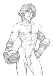 1boy abs bara final_fantasy final_fantasy_x flaccid foreskin gloves male male_only monochrome muscles muscular muscular_male nude pecs penis schizoid solo testicles tidus toned toned_male uncircumcised