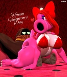 1girls 3d 3d_(artwork) bed bedroom big_breasts big_thighs bikini birdo bob_(smg4) bow breasts cleavage crossover curvy curvy_female duo eyeshadow female female_focus heart indoors kabalmystic_(style) long_hair mario_(series) necklace nintendo original original_character pearl_necklace purple_eyes purple_eyeshadow red_bikini red_bow red_hair relliksb short_tail tail text thick thick_hips thick_thighs thighs valentine's_day wide_hips wink winking_at_partner