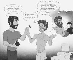 2boys big_beard black_and_white bradley_(mr_shrink) digital_drawing_(artwork) digital_media_(artwork) dumb dumb_male english english_text exasperated facial_hair fawning_over imagination imagining in_love intellectual_disability male male/male male_focus male_only mental_disability mr_shrink no_sex not_porn older_male original original_character penis penis_under_clothes penis_under_towel razor resisting skinny skinny_male stupid thinking thinking_about_another thinking_cloud thought thought_bubble thoughts towel towel_around_waist towel_only younger_male