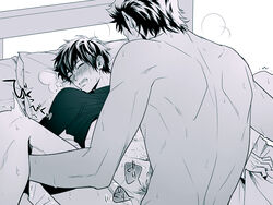 2boys abs ace_of_diamond bed blush cum drooling kuramochi_youichi male_only monochrome multiple_boys muscle nude pecs penis saliva sawamura_eijun short_hair testicles undressing wince yaoi