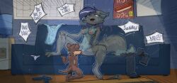 anthro big_breasts blush bodily_fluids breasts canid canine digital_media_(artwork) duo english_text female female/female fox freckled_face freckles fur genital_fluids genitals hair interspecies mammal mustelid nipples nude otter ratcha rina_(ratcha) shanaa size_difference tail text tongue