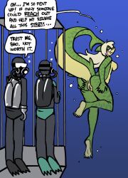 air_bubble alternate_species anthro anus ass blonde_hair blush breasts dialogue ellipsis english_text featureless_breasts female fin fish genitals green_body group hair hand_on_butt hand_on_own_butt hi_res hook hook_hand human humor inviting_to_sex long_hair looking_at_another looking_back looking_back_at_another male mammal marine narrowed_eyes non-mammal_breasts nude nude_anthro nude_female oxygen_tank presenting presenting_pussy presenting_vulva pussy raised_tail scuba_gear shark shyguy9 smile sophie_(shyguy9) speech_bubble spread_butt spreading tail tail_fin teasing teeth text trio underlined_text underwater vulva water yellow_body
