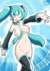 ;d blue_eyes blue_hair bottomless casual_nudity female hatsune_miku nipples qm smile tied_hair topless twintails vocaloid