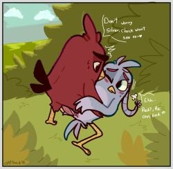 :3 :v angry_birds angry_birds_2 animal_genitalia animal_penis anthro art bird_girl bird_humanoid bird_tail birds catbad15_(artist) comic comic_panel digital_media_(artwork) english_text female/male female_focus forest furry game mating movie overwhelmed penis plants rare red_(angry_birds) red_penis rovio shy silver_(angry_birds) sony_pictures_animation stupid sweat sweating text vaginal_fluids xd