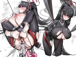 black_bodysuit black_hair black_halo blue_archive bodysuit bondage bound breasts bright_pupils commentary_request dildo female halo highres huge_breasts long_hair nakamura_rohane nipple_clamps nipple_pull nipple_stimulation nipple_torture nipples official_alternate_costume ponytail red_eyes restrained ringed_eyes rio_(armed)_(blue_archive) rio_(blue_archive) sex_toy skin_tight tied_nipples white_pupils