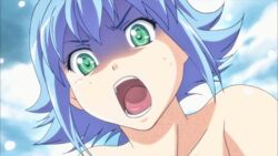 angel animated assisted_exposure blue_hair bouncing_breasts breasts color conscious enf female female_only green_eyes huge_breasts large_breasts nanael nipples open_eyes open_mouth queen's_blade screencap solo surprised tears torn_clothes