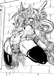 armor bikini_armor black_legwear blush breasts dildo female hair headgear helmet long_hair mirim monochrome nipples open_mouth orgasm penetration ponytail pussy_juice queen's_blade saliva solo sweat tears tied_hair trembling