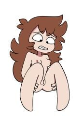 1girl black_eyes breasts brown_hair cleft_of_venus clenched_teeth completely_nude full_body knees_up long_hair looking_down nipples nude pussy shgurr simple_background small_breasts solo teeth thrumbo uncensored white_background youtube