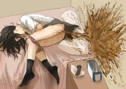 accident after_masturbation anal_masturbation ass bathroom_control bed bedroom black_hair black_socks buttplug dildo enema enema_bulb excessive_feces female orgasm panties scat school_uniform skirt