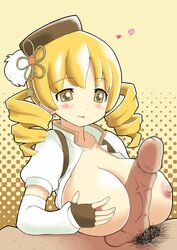 1boy 1boy1girl 1girls blonde_hair boobjob breasts censored drill_hair female flower flower_in_hair hair_ornaments hat heart human large_breasts magical_girl mahou_shoujo_madoka_magica male mami_tomoe mosaic_censoring open_clothes paizuri penis penis_grab penis_out puella_magi_madoka_magica qm simple_background straight tomoe_mami unseen_male_face