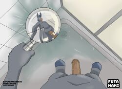 animal_genitalia animal_penis anthro asinus donkey equid equine equine_genitalia equine_penis futamaki genitals hi_res hooves looking_down looking_down_at_object male mammal penis perspective_shot reflection shower shower_head solo solo_focus