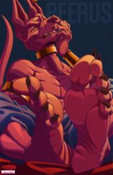 3rdharleyjoe 5_fingers 5_toes anthro armlet barefoot beerus blue_background blue_bottomwear blue_clothing blue_pants bottomwear claws clothed clothing domestic_cat dragon_ball dragon_ball_super ear_piercing ear_ring feet felid feline felis fingers foot_fetish foot_focus hairless hairless_cat hand_on_face humanoid_feet jewelry light looking_at_viewer male mammal necklace pants piercing plantigrade purple_body ring_piercing shadow sharp_teeth simple_background soles solo sphynx_(cat) tail teeth text toe_claws toes topless yellow_sclera