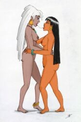 2girls atlantis:_the_lost_empire barefoot black_hair breasts chel dark-skinned_female dark_skin disney dreamworks female female_only kida nipples nude pubic_hair pussy saliva_string spicypop the_road_to_el_dorado traditional_media_(artwork) white_hair yuri