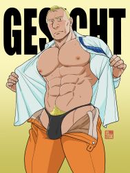 1boy abs artist_signature astro_boy balding banjyaku bara bare_breasts big_areola big_breasts big_bulge blonde_hair blue_eyes blush breasts bulge bulge_through_clothing collarbone daddy dilf eight_pack embarrassed flaccid gay genital_outline gesicht gradient_background hi_res huge_breasts looking_at_viewer male male_breasts male_only manly mature_male muscles muscular muscular_male muscular_neck navel open_clothes oppai pecs pluto_(tv_series) pubic_hair robot robot_boy robot_humanoid short_hair solo standing sweat sweatdrop text thick_neck thong unbuttoned unzipped unzipped_pants white_shirt wrinkles yaoi yellow_background yellow_hair
