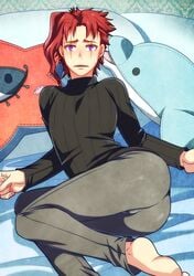 1boy barefoot bed blush boobs_and_butt_pose chinjuu_hibakichi clothed feet human human_only jojo's_bizarre_adventure looking_at_viewer male_only mattress noriaki_kakyoin pov purple_eyes red_hair stardust_crusaders