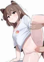 1boy 1girls absurdres animal_ears black_eyes blush bottomless breasts brown_hair closed_mouth female frown highres iog626 leg_lift leg_up light-skinned_female light-skinned_male light_skin long_hair looking_at_viewer male multi_ear naked_shirt off_shoulder original penis pussy sex shirt short_sleeves simple_background small_breasts solo_focus squiggle standing straight t-shirt tail uncensored v-shaped_eyebrows vaginal_penetration white_background white_shirt