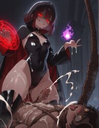 ai_generated asphyxiation black_leotard bodysuit bondage brown_hair cape cowgirl_position cum cum_everywhere cumshot detailed_background dominant dominant_female evil_smile eyes_rolling_back female femdom ftdeathai leotard magic magic_circle male noose red_eyes rope rope_bondage smug submissive submissive_male thick_thighs thighboots thighhighs