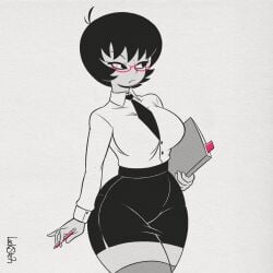 big_breasts black_hair black_hair_female breasts clothed clothed_female curvy cute female female_focus female_only glasses glasses_on_face jucika jucika_(comic) lockster2c02 neutral_expression office_clothing office_lady thick_thighs thighs walking