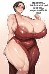 ai_generated areola_slip areolae_visible_through_clothing bare_thighs bbw black_hair blush breasts brown_eyes dark_areola embarrassed female gigantic_breasts huge_areolae huge_breasts huge_thighs light-skinned_female light_skin massive_breasts mature_female milf mommy oc oiled_body oiled_skin original original_character red_dress short_hair solo_female squatting sweat sweatdrop the_milk_man thick_body thick_female thick_thighs thighs voluptuous voluptuous_female