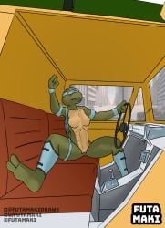 anthro behind_the_wheel breasts exposed_breasts feet female futamaki genitals green_body green_skin hi_res medium_truck photo_background photography_(artwork) pussy reptile scalie solo solo_focus spread_legs spreading teenage_mutant_ninja_turtles truck turtle van vehicle venus_de_milo vulva