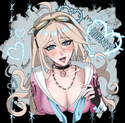 1girls ahoge asking_for_it bangs big_breasts black_gloves blonde_female blonde_hair blush breasts choker cleavage clothing danganronpa danganronpa_v3 female fingerless_gloves gloves goggles heart horny horny_female human iruma_miu light-skinned_female long_hair lower_teeth necklace open_mouth septumsaber simple_background sweat sweatdrop tagme upper_teeth