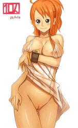 10hmugen 1girls black_eyes blush bracelet breast_hold breasts dated dress dress_lift earrings female female_only hand_on_thigh jewelry log_pose long_hair nami nipples one_piece orange_hair ponytail post-timeskip pussy see-through signature simple_background smile solo tied_hair uncensored white_background