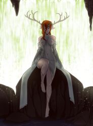 antlers barefoot cave critical_role critical_role:_vox_machina druid dungeons_and_dragons female freckles green_eyes half-elf headdress keyleth nude pointy_ears red_hair sitting solo transparent_clothing viktormon waterfall wet wet_clothes wet_hair