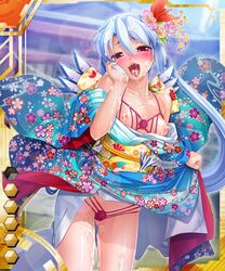 blue_hair blush breasts color cum cum_in_mouth female female_only isuka_(mahou_shoujo_isuka) japanese_clothes nipples sasayuki solo standing taimanin_asagi_battle_arena taimanin_asagi_battle_arena_all_card_gallery tongue twintails