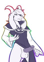 anthro asriel_dreemurr asriel_dreemurr_(god_form) balls black_sclera caprine clothing crackers erection goat humanoid_penis male male_only mammal penis robe simple_background solo undertale video_games white_background white_eyes