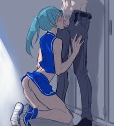 2boys arched_back blue_hair blue_skirt blush cheerleader cheerleader_outfit cheerleader_uniform crossdressing cum cum_in_ass cum_in_mouth cum_on_ass cum_on_body dramatical_murder erection fellatio femboy gay girly hair kneeling long_hair male_only nitro+_chiral oral ponytail seragaki_aoba skirt skirt_lift tagme tied_hair upskirt yaoi