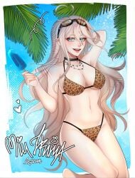 1girls ahoge arm_behind_head bangs big_breasts bikini blonde_female blonde_hair blue_background bottom breasts character_name choker danganronpa danganronpa_s:_ultimate_summer_camp danganronpa_v3 female goggles heart human iruma_miu leaves leopard_print leopard_print_bikini light-skinned_female long_hair necklace open_mouth popsicle septumsaber simple_background slim_waist swimsuit tagme thighs upper_teeth