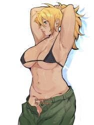 areolae_peeking arms_behind_head arms_up baggy_pants bikini bikini_top black_bikini blonde_female blonde_hair bottomless breasts commission dorohedoro female ksooupart large_breasts nikaido no_panties no_underwear pants_falling_down putting_hair_back solo solo_female sweat sweatdrop sweating sweaty tying_hair