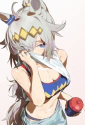 1girls athletic athletic_female blue_eyes cleavage female female_focus female_only fit fit_female grey_hair hair_between_eyes hair_ornament horse_ears horse_girl horse_tail oguri_cap_(umamusume) ponytail raneblu sweat sweatdrop sweating sweaty sweaty_body tagme thong thong_straps umamusume umamusume_pretty_derby workout workout_clothes