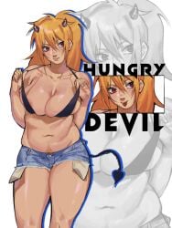 areola_slip areolae_peeking bikini_top blonde_female blonde_hair booty_shorts breasts devil devil_horns devil_tail dorohedoro female happy_trail horns jean_shorts ksooupart large_breasts lifting_breasts lifting_own_clothes nikaidou_(dorohedoro) plump_breasts pockets red_eyes slightly_chubby slightly_chubby_female small_bikini tongue_out