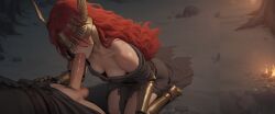 elden_ring malenia_blade_of_miquella 1girls 1boy 1boy1girl clothed covered_eyes light_skin long_hair penis red_hair sucking_penis blowjob kneeling ai_generated ai ai_art widescreen