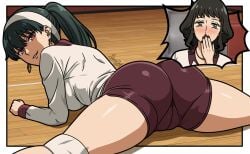 2girls age_difference alluring alternate_costume ass big_ass big_breasts black_hair blush breasts cameltoe curvy dat_ass earrings fat_ass female fit fit_female from_behind heavy_ass hips light-skinned_female light_skin mature_female melinda_desmond milf official_alternate_costume plump_ass ponytail pussy pussy_visible_through_clothes seductive sketchdrif spy_x_family thick thick_ass thick_thighs thighs volleyball volleyball_shorts volleyball_uniform wealthy wealthy_female yor_briar yor_forger yuri